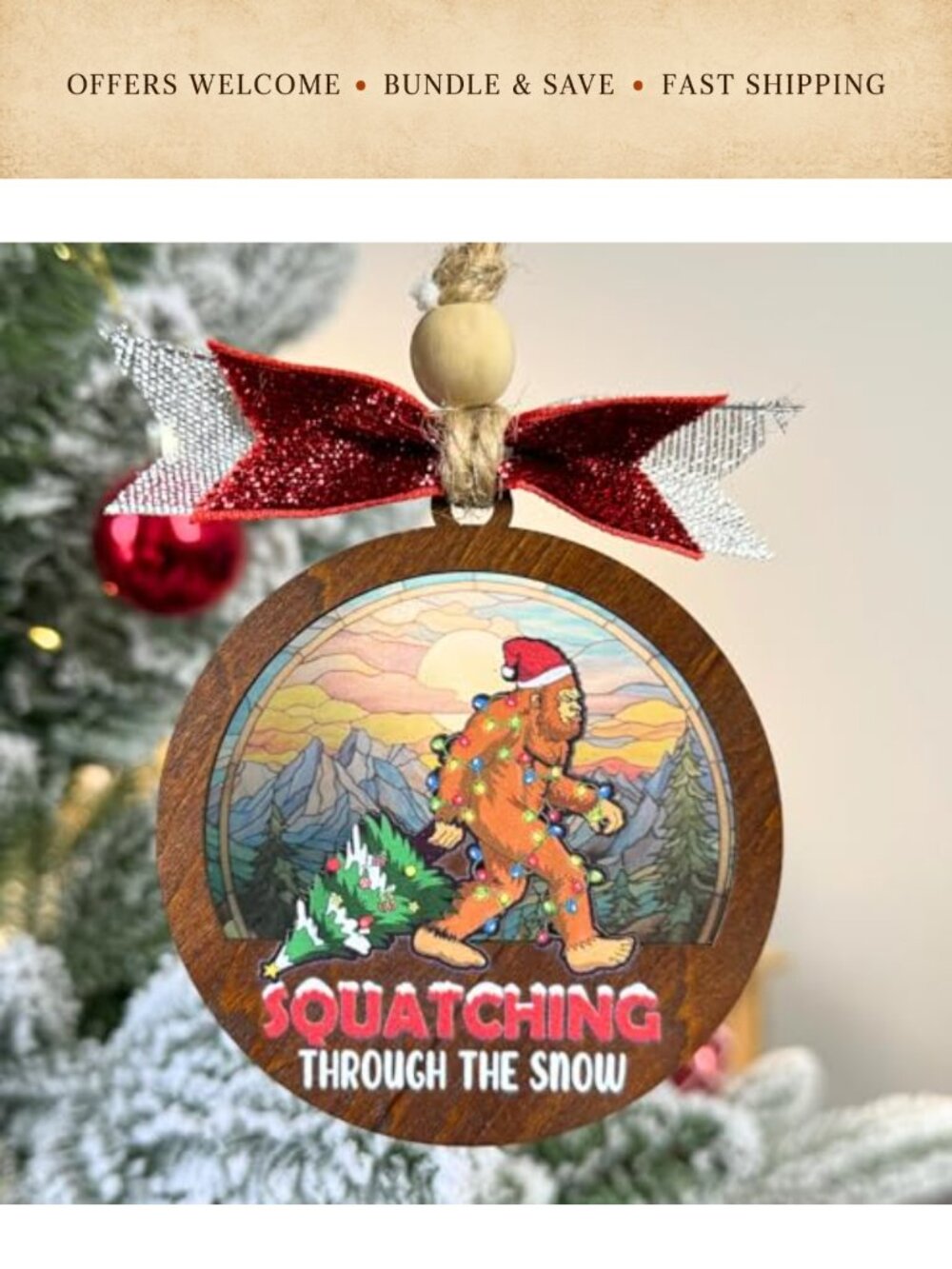 Wooden Christmas Ornament Bigfoot Squatchin' Through Snow Rustic Holiday